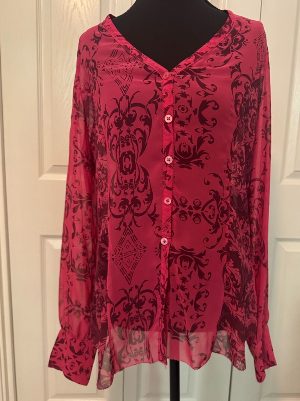 CAbi Fushia Sheer Button-Down Blouse with Scarf Medium